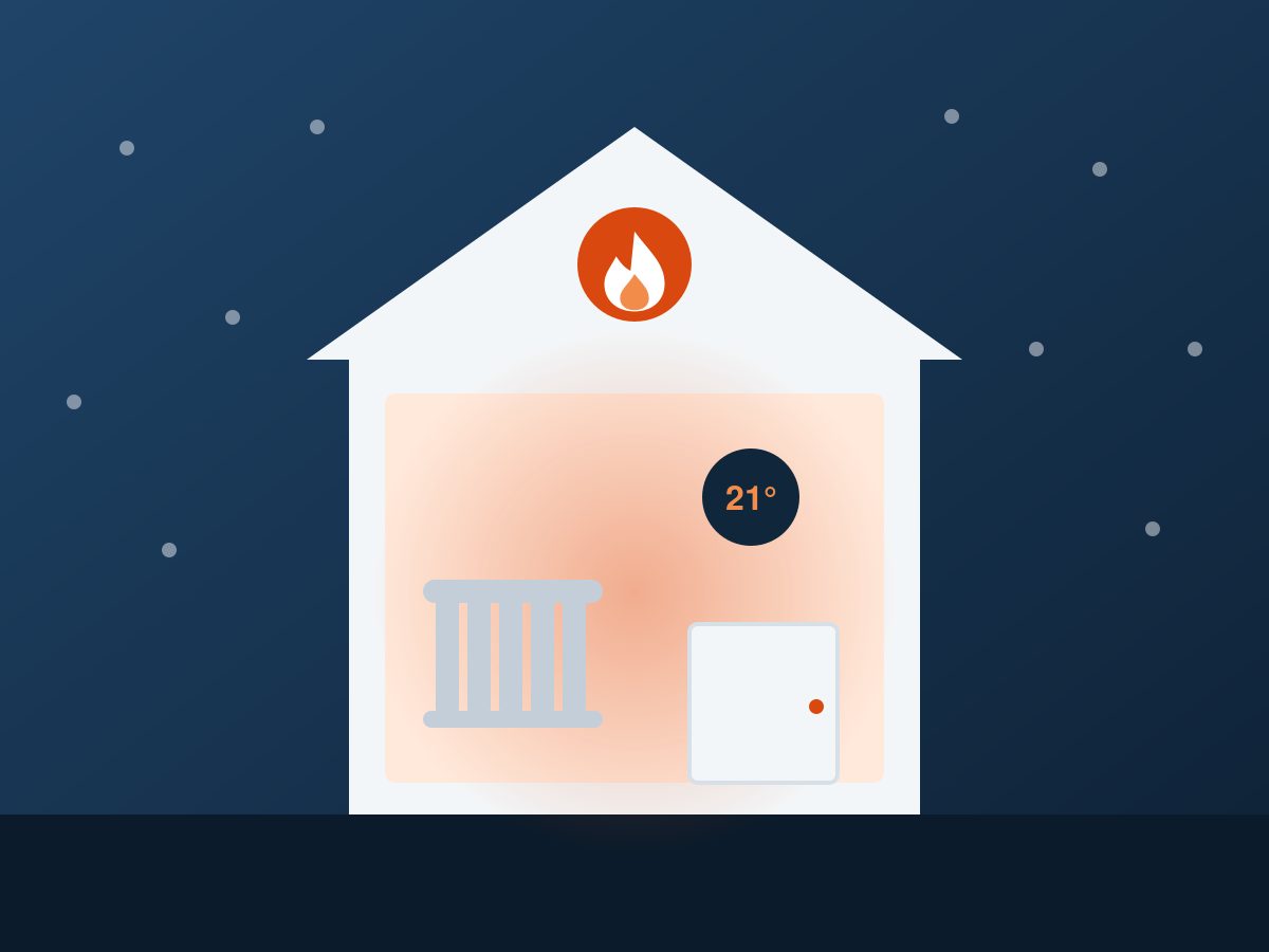 Maison chauffée avec radiateur et thermostat : illustration